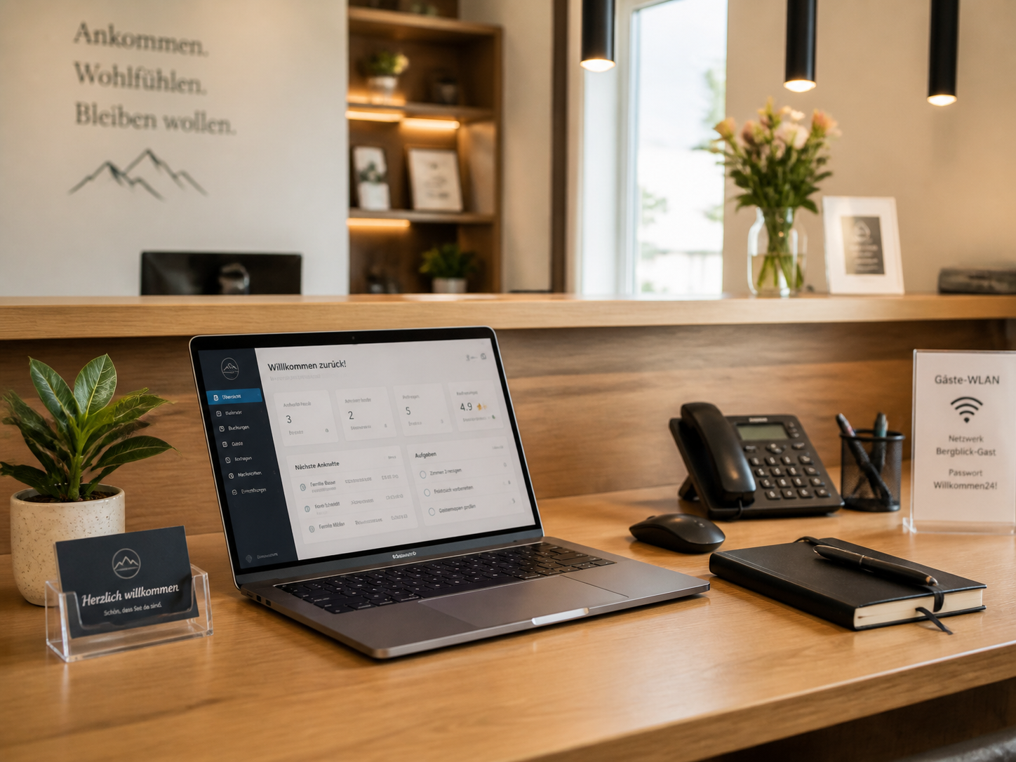 Heller und geordneter Arbeitsplatz mit Laptop und Technik im kleinen Betrieb