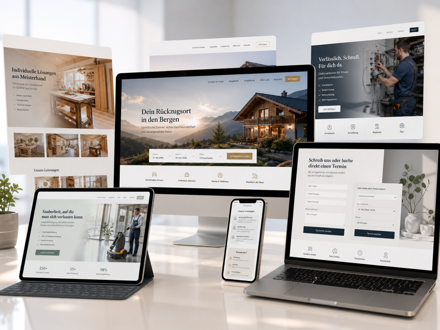 Mehrere Displays mit modernen Websites für Unterkünfte, Handwerksbetriebe und kleine Unternehmen