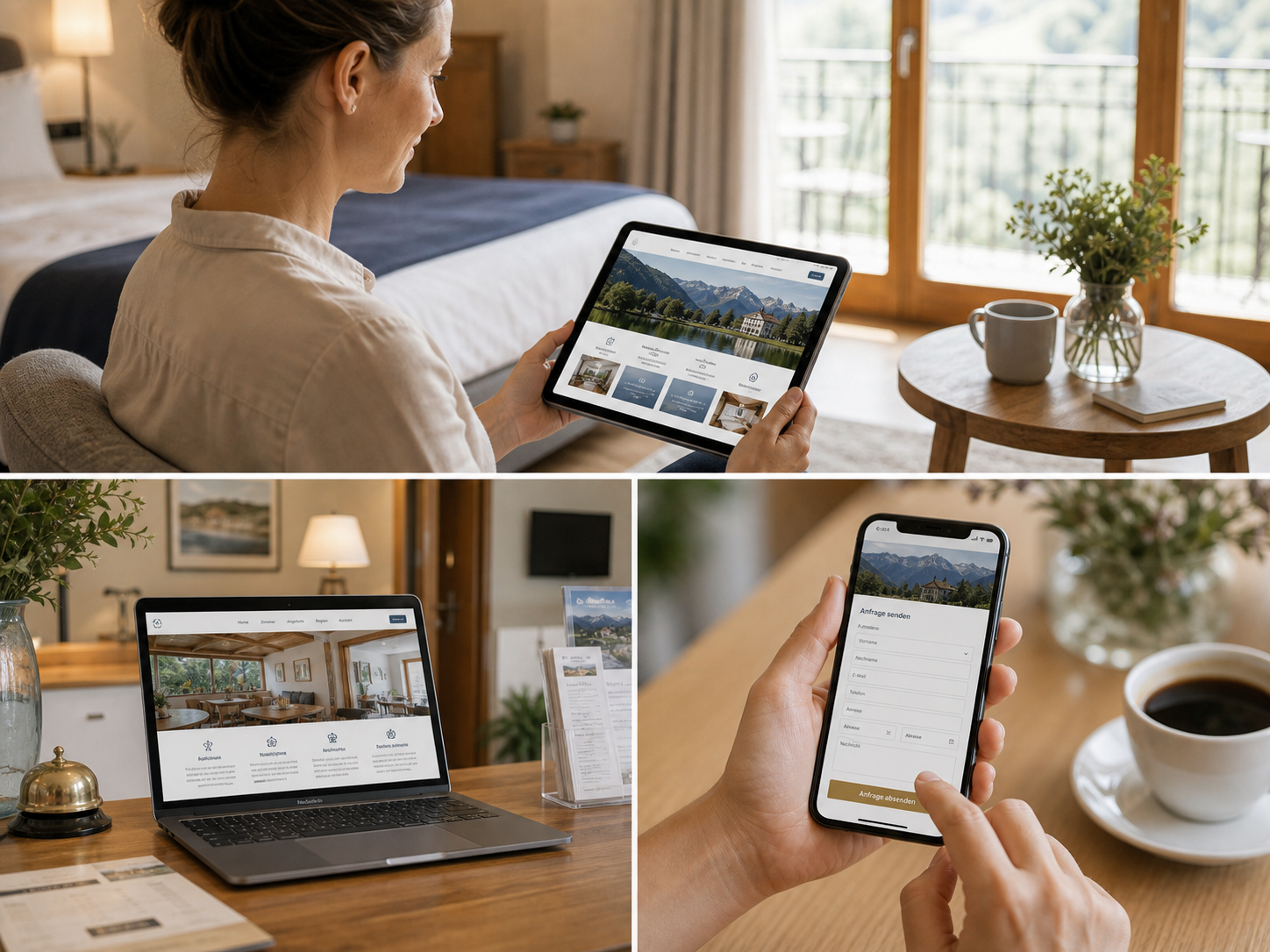 Website-Nutzung auf Tablet, Laptop und Smartphone mit klarer Struktur und einfachem Anfrageweg