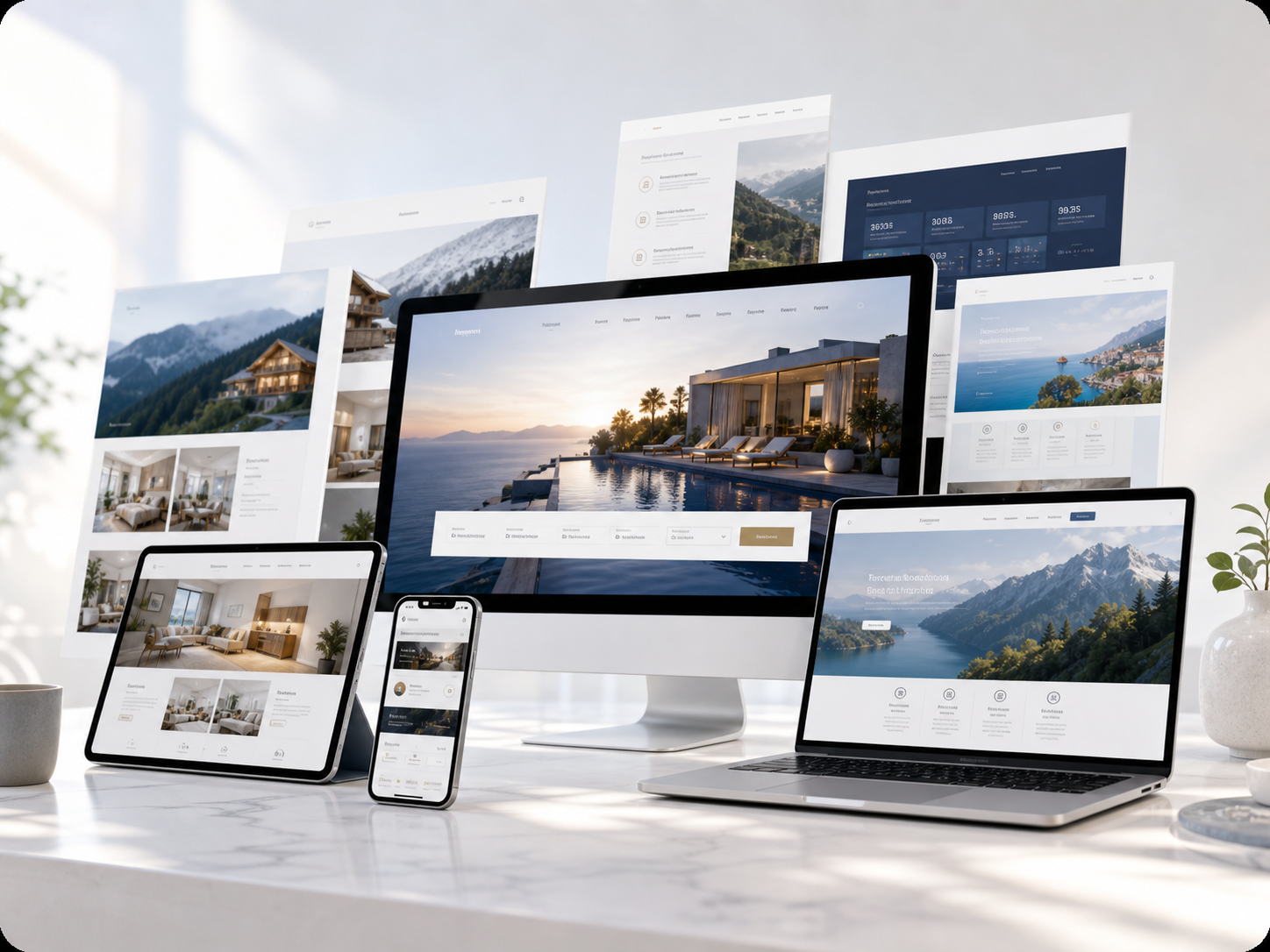 Mehrere Displays mit verschiedenen modernen Websites und Weboberflächen