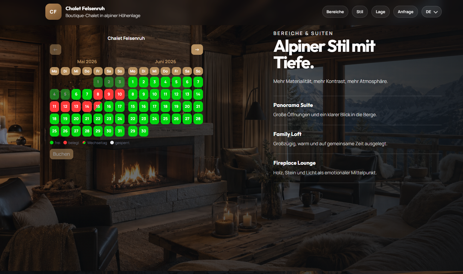 Selfinoa Mini-Kalender eingebunden in eine Beispielseite für eine Unterkunft